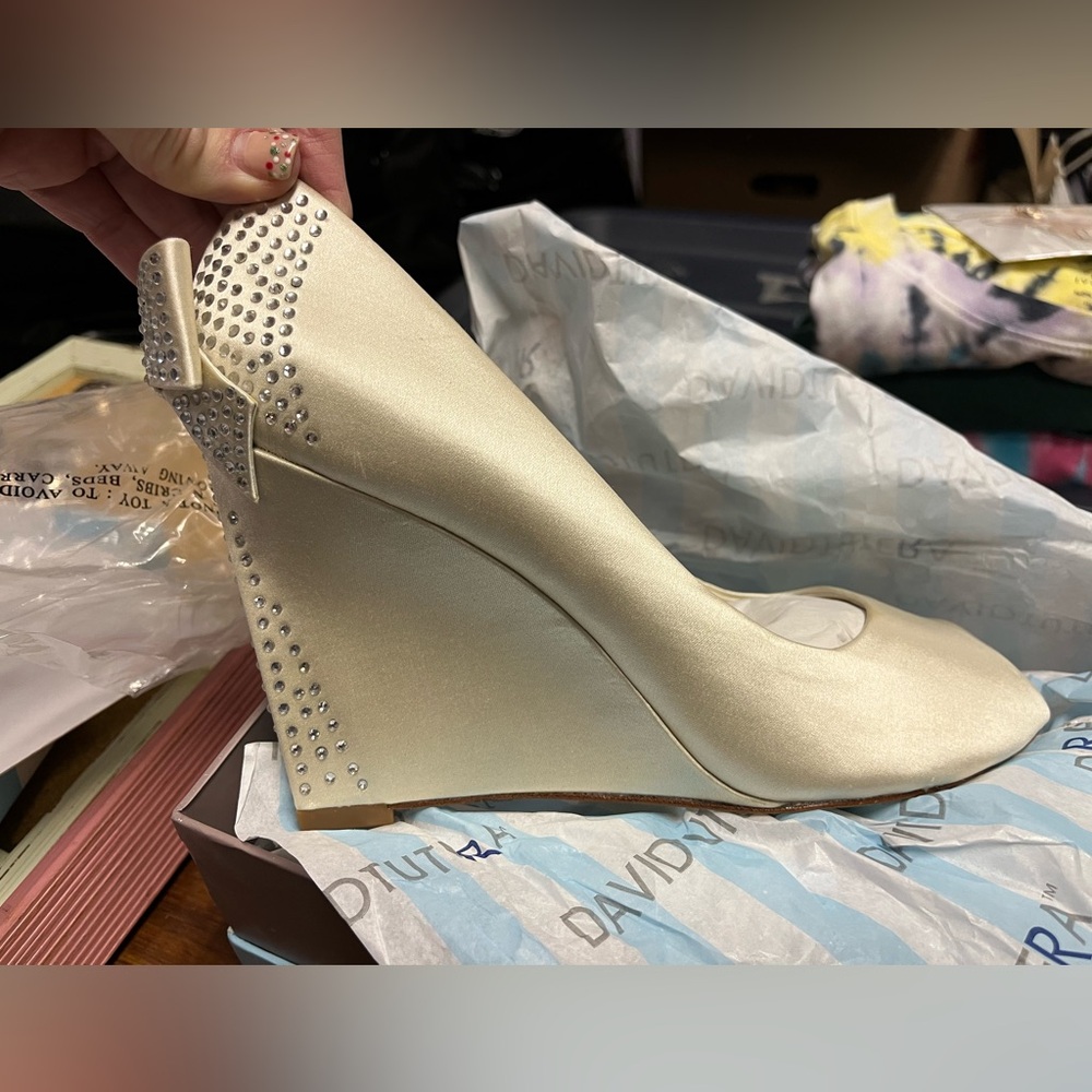David Tutera Cream Wedge Shoes with Rhinestone Detail